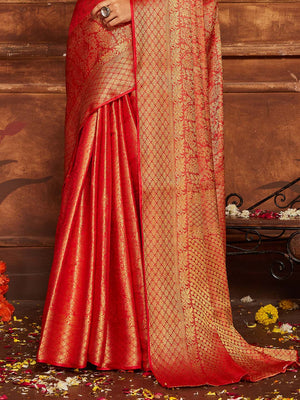 Red Banarasi Silk Blend Saree With Blouse Piece