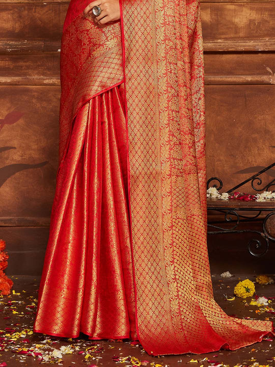 Red Banarasi Silk Blend Saree With Blouse Piece