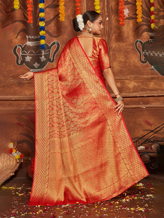 Red Banarasi Silk Blend Saree With Blouse Piece