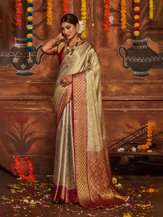 Beige Banarasi Silk Blend Saree With Blouse Piece