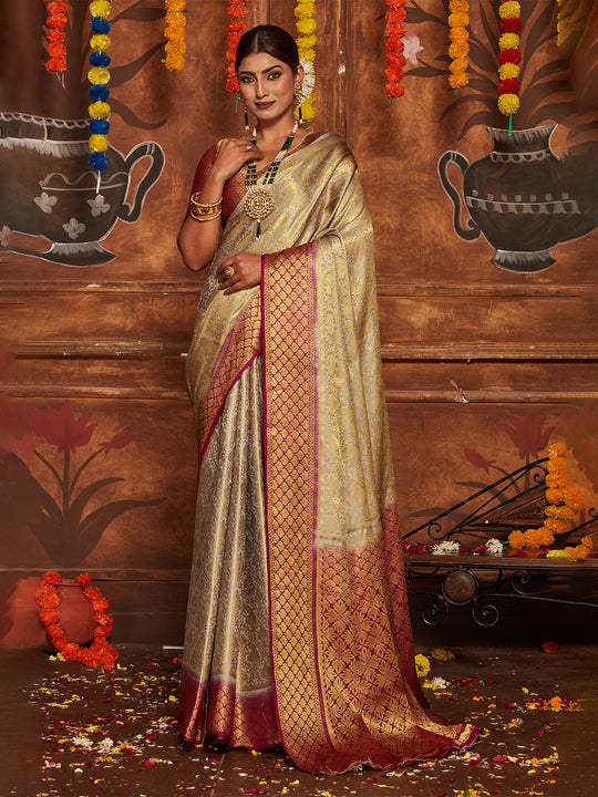 Beige Banarasi Silk Blend Saree With Blouse Piece