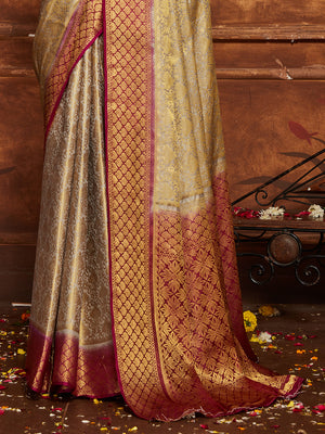 Beige Banarasi Silk Blend Saree With Blouse Piece
