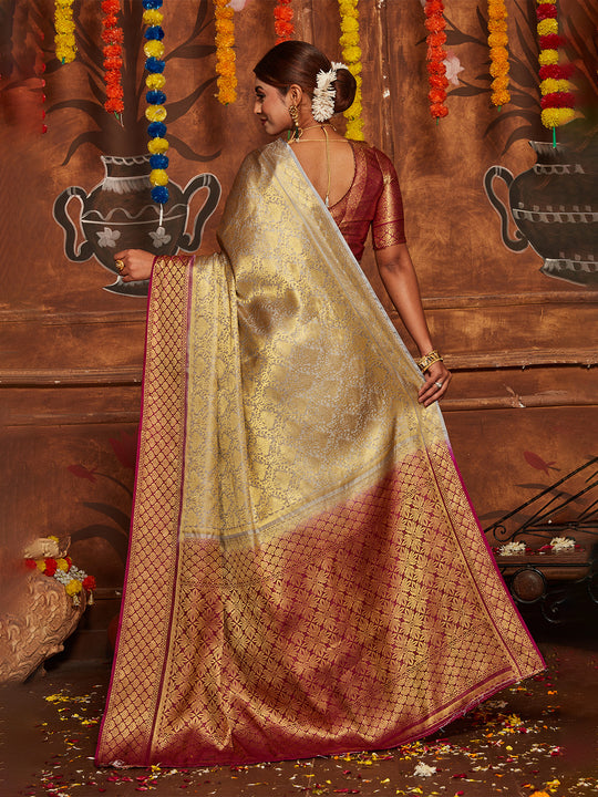 Beige Banarasi Silk Blend Saree With Blouse Piece
