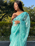 Blue Organza Saree With Blouse Piece