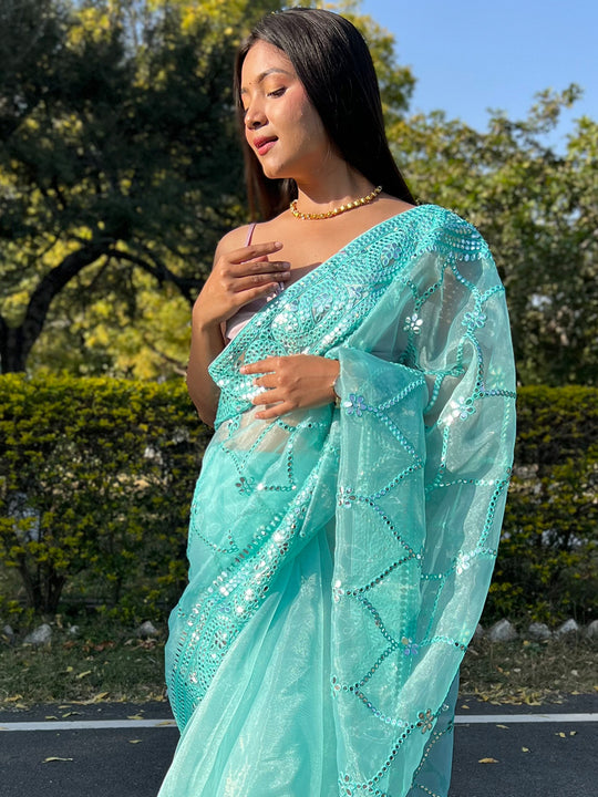 Blue Organza Saree With Blouse Piece