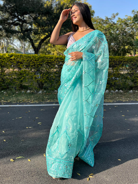 Blue Organza Saree With Blouse Piece