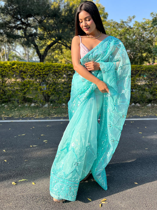 Blue Organza Saree With Blouse Piece