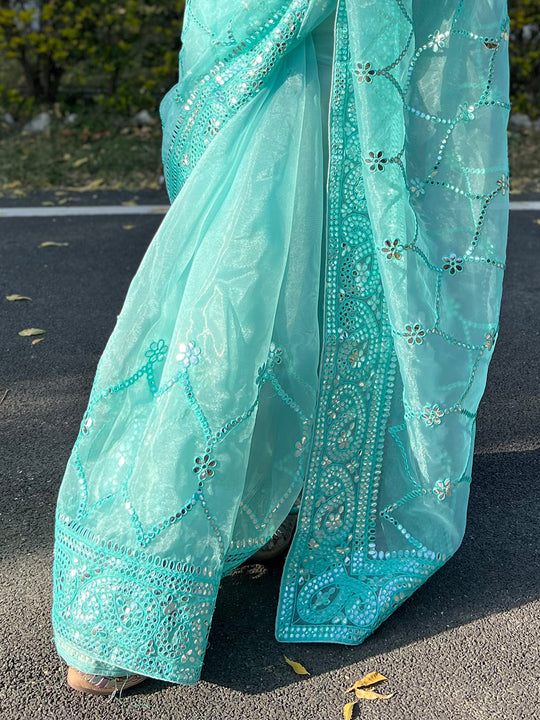 Blue Organza Saree With Blouse Piece