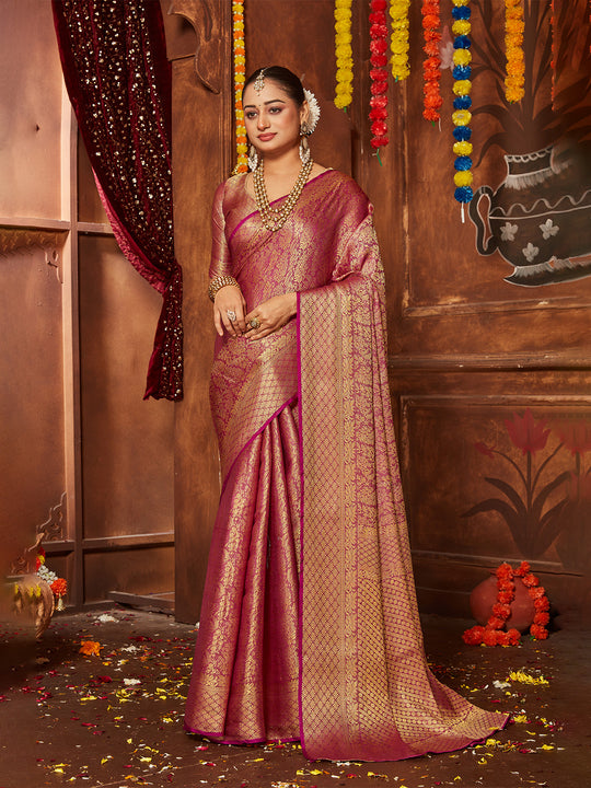 Maroon Banarasi Silk Blend Saree With Blouse Piece