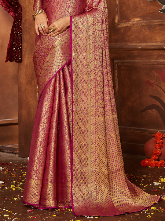 Maroon Banarasi Silk Blend Saree With Blouse Piece