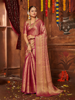 Maroon Banarasi Silk Blend Saree With Blouse Piece