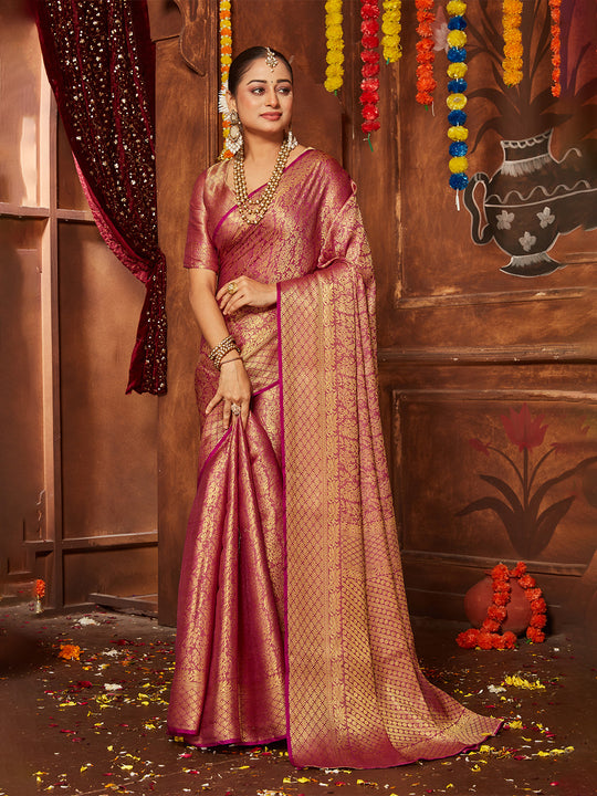 Maroon Banarasi Silk Blend Saree With Blouse Piece