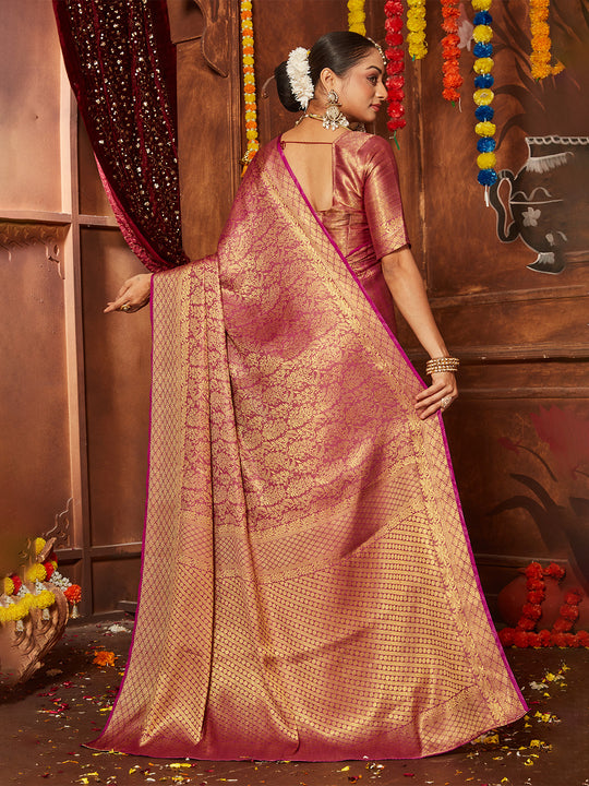 Maroon Banarasi Silk Blend Saree With Blouse Piece