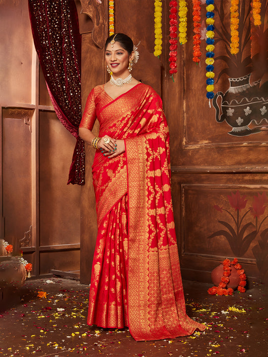 Red Banarasi Silk Blend Saree With Blouse Piece