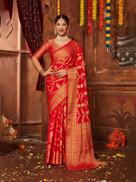 Red Banarasi Silk Blend Saree With Blouse Piece