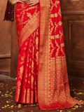 Red Banarasi Silk Blend Saree With Blouse Piece