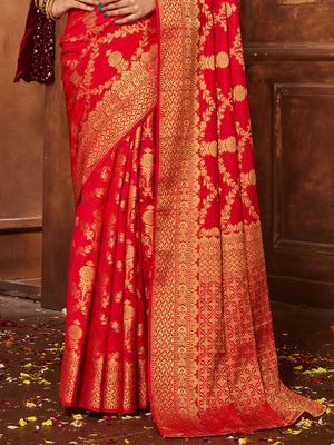 Red Banarasi Silk Blend Saree With Blouse Piece