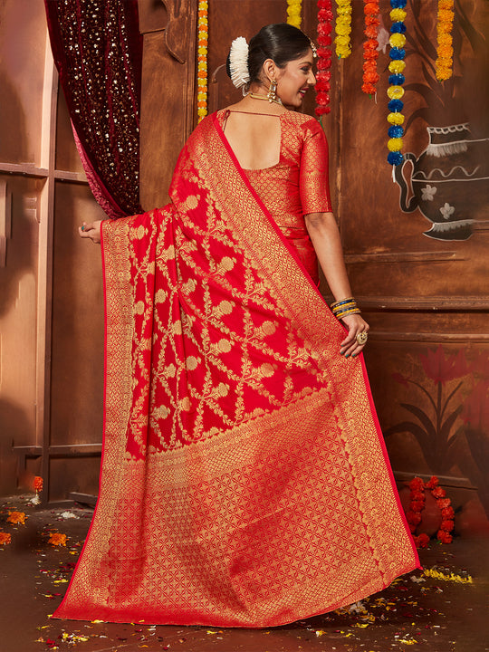 Red Banarasi Silk Blend Saree With Blouse Piece