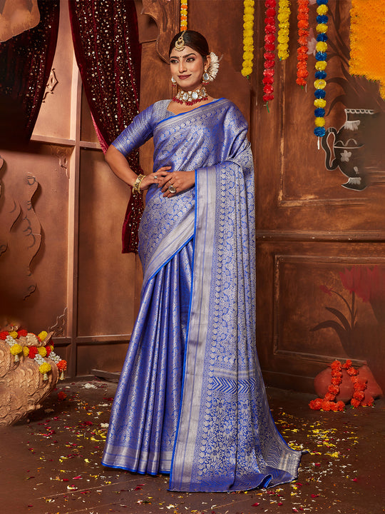 Blue Banarasi Silk Blend Saree With Blouse Piece
