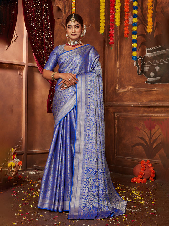Blue Banarasi Silk Blend Saree With Blouse Piece