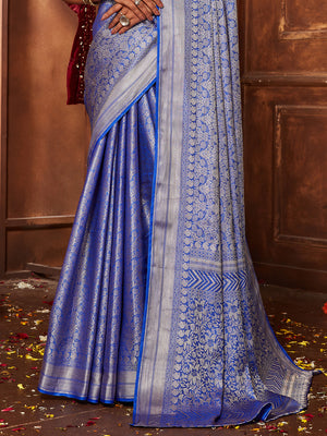 Blue Banarasi Silk Blend Saree With Blouse Piece
