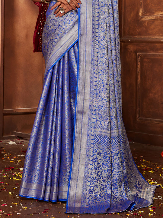 Blue Banarasi Silk Blend Saree With Blouse Piece