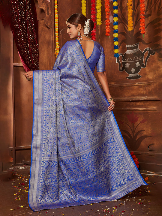 Blue Banarasi Silk Blend Saree With Blouse Piece