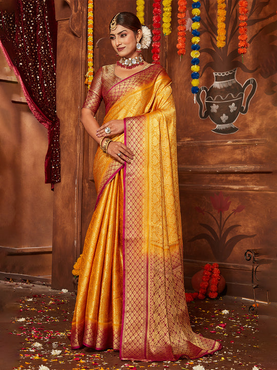 Yellow Banarasi Silk Blend Saree With Blouse Piece