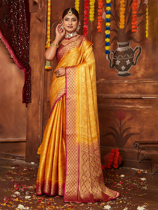 Yellow Banarasi Silk Blend Saree With Blouse Piece