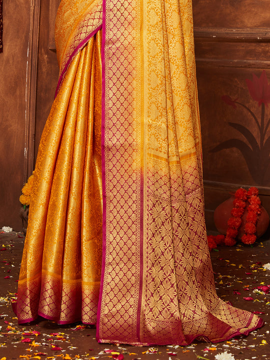 Yellow Banarasi Silk Blend Saree With Blouse Piece