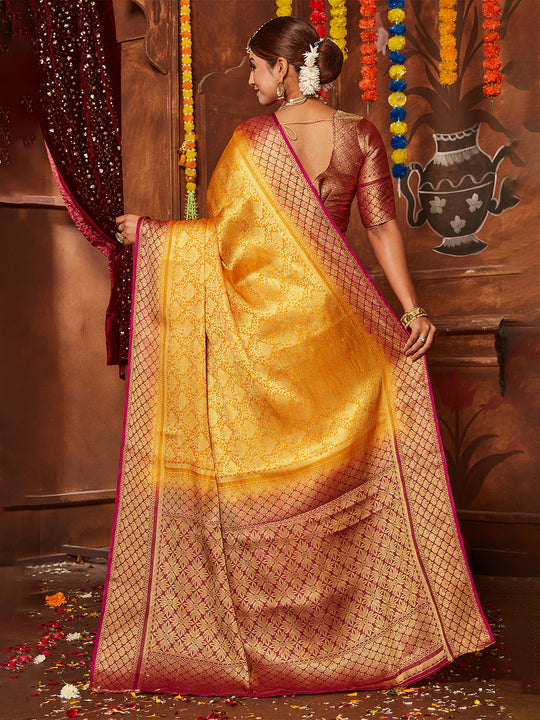 Yellow Banarasi Silk Blend Saree With Blouse Piece