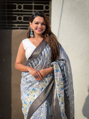 Grey Banarasi Silk Blend Saree With Blouse Piece