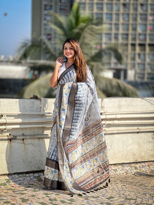 Grey Banarasi Silk Blend Saree With Blouse Piece