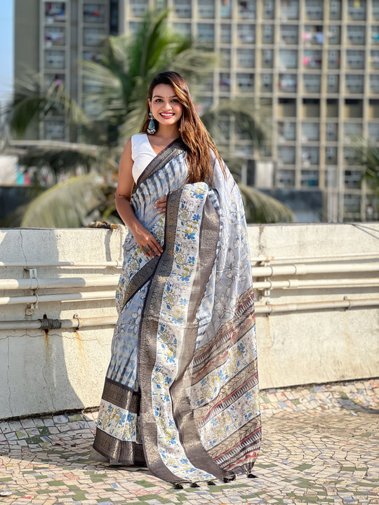 Grey Banarasi Silk Blend Saree With Blouse Piece