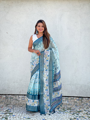 Blue Banarasi Silk Blend Saree With Blouse Piece