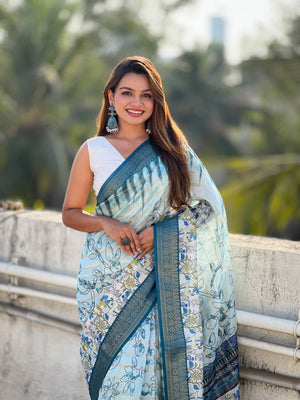Blue Banarasi Silk Blend Saree With Blouse Piece