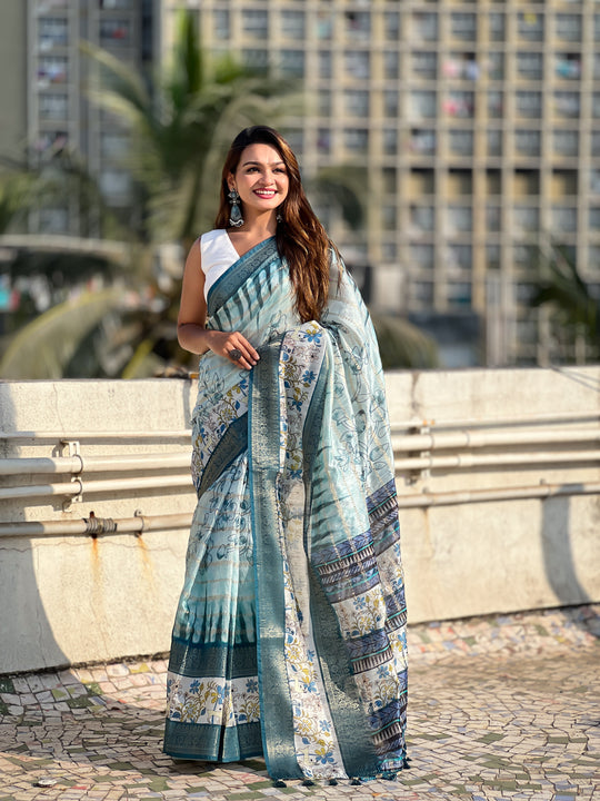 Blue Banarasi Silk Blend Saree With Blouse Piece