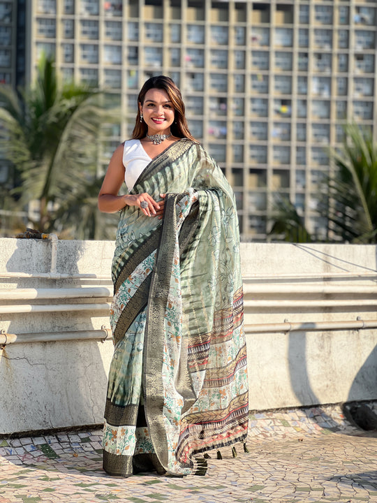 Green Banarasi Silk Blend Saree With Blouse Piece