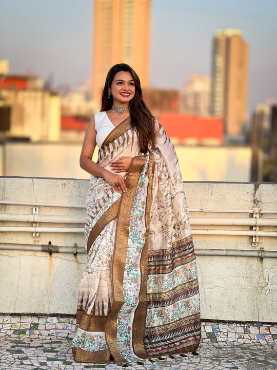 Brown Banarasi Silk Blend Saree With Blouse Piece