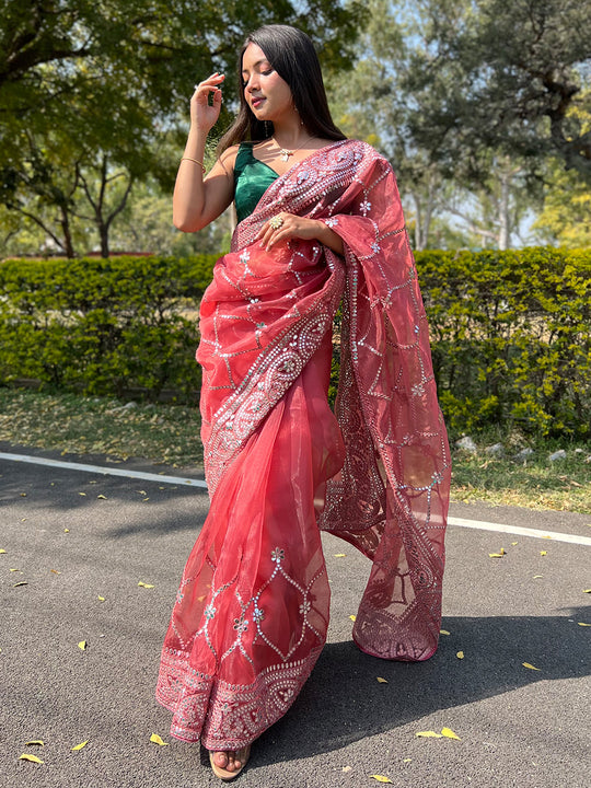 Maroon Organza Saree With Blouse Piece