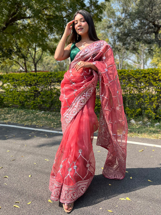 Maroon Organza Saree With Blouse Piece