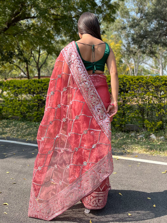 Maroon Organza Saree With Blouse Piece