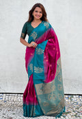 Wine Banarasi Silk Blend Saree With Blouse Piece
