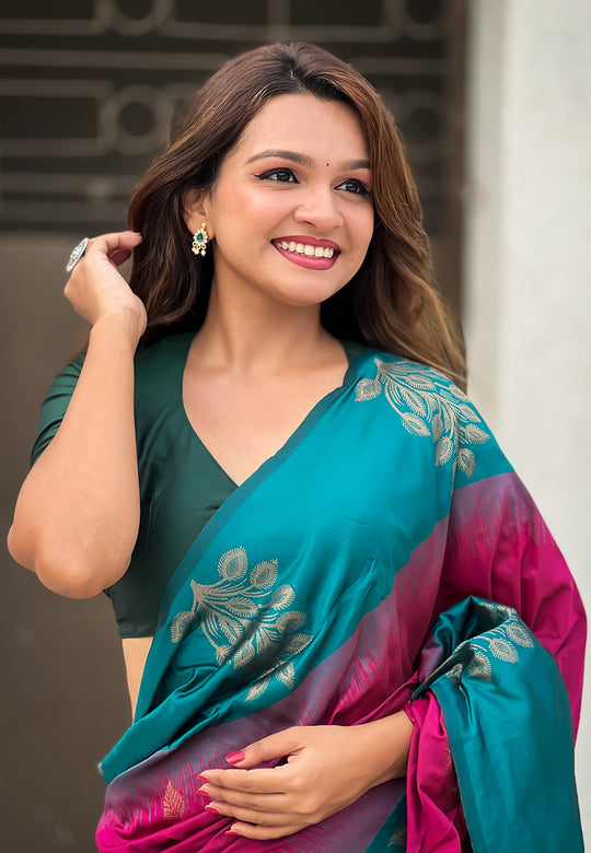 Wine Banarasi Silk Blend Saree With Blouse Piece