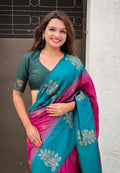 Wine Banarasi Silk Blend Saree With Blouse Piece