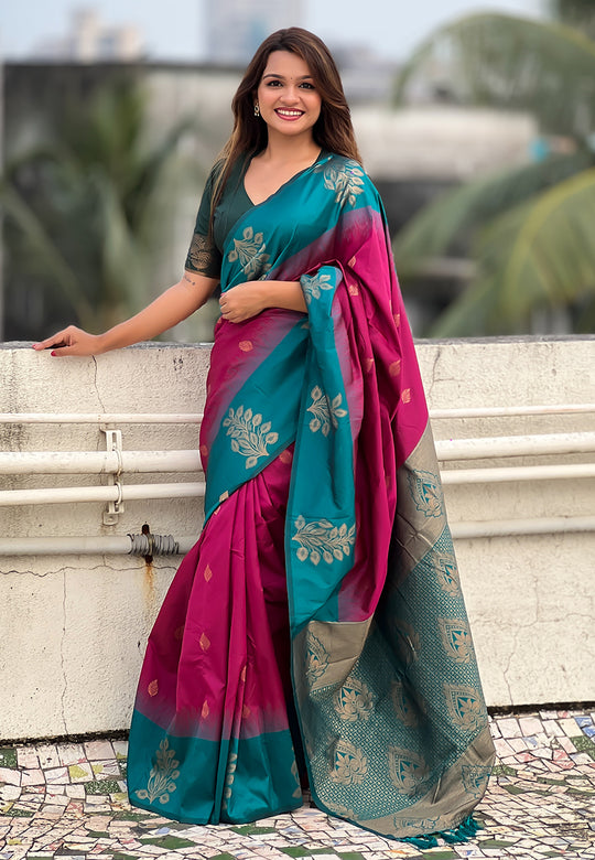 Wine Banarasi Silk Blend Saree With Blouse Piece