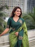 Green Banarasi Silk Blend Saree With Blouse Piece