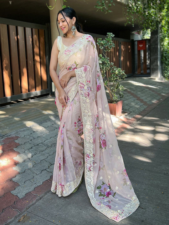 Beige Georgette silk Saree With Blouse Piece