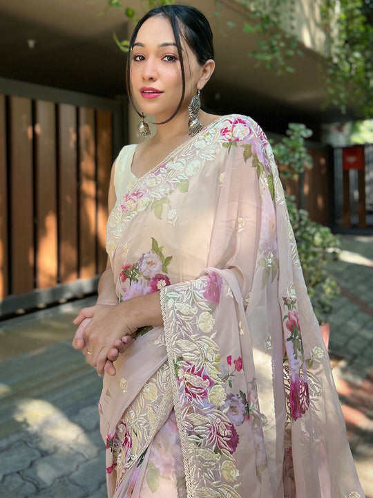 Beige Georgette silk Saree With Blouse Piece