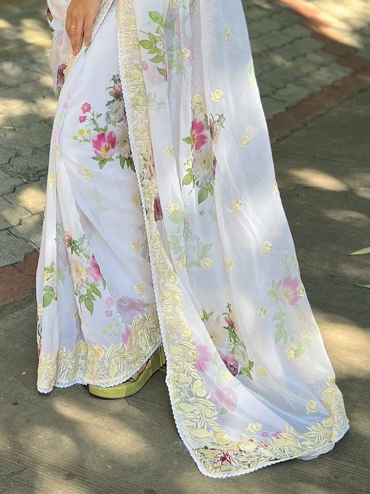 White Georgette Saree With Blouse Piece